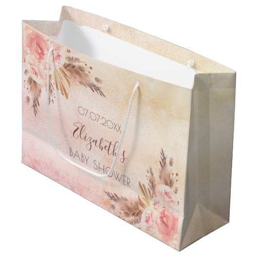 Baby shower pampas gras roos goudroze floraal groot cadeauzakje (Voorkant Gekanteld)