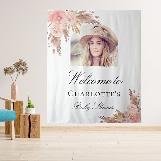 Baby Shower pampas gras roze boog foto Wandkleed