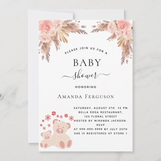 Baby shower pampas gras teddy beer roos gouden mei kaart (Voorkant)