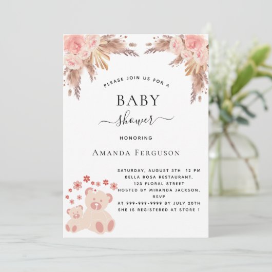 Baby shower pampas gras teddy beer roos gouden mei kaart (Staand voorkant)