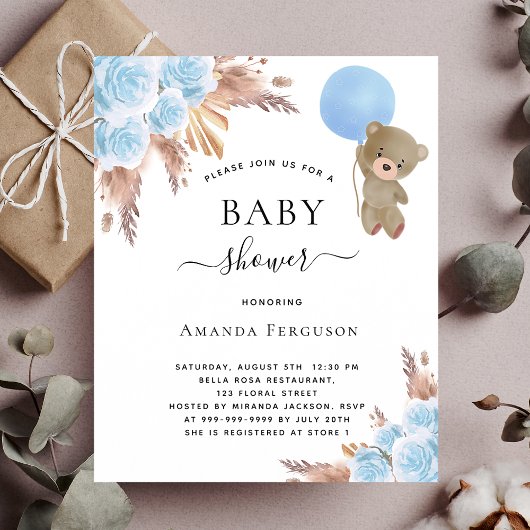 Baby shower pampas gras teddy draagt een blauwe be flyer