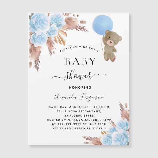 Baby shower pampas gras teddybeer blauw luxe magnetische uitnodiging (Voorkant)