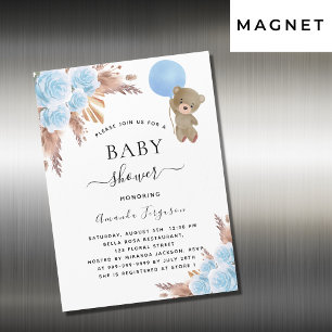 Baby shower pampas gras teddybeer blauw luxe magnetische uitnodiging