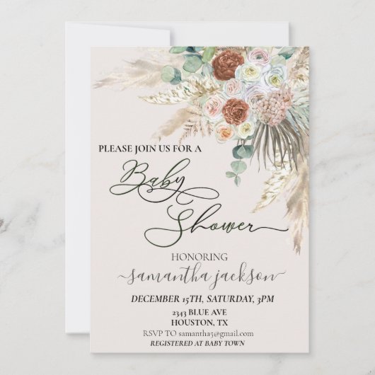 Baby shower Pampas Grass Boho Waterverf Kaart (Voorkant)