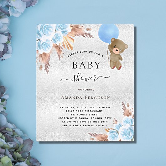 Baby shower pampas grassen zilver teddy draagt een flyer