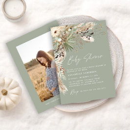 Baby shower pampas modern elegant sage green foto kaart