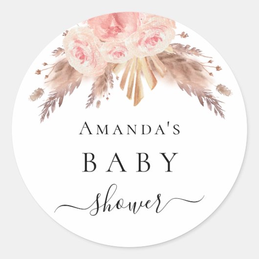 Baby shower pampas roos goudbloem ronde sticker (Voorkant)