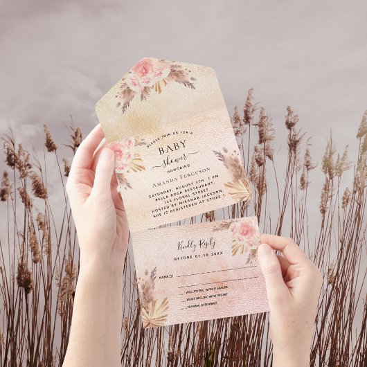 Baby shower pampas roos goudbloemen RSVP All In One Uitnodiging