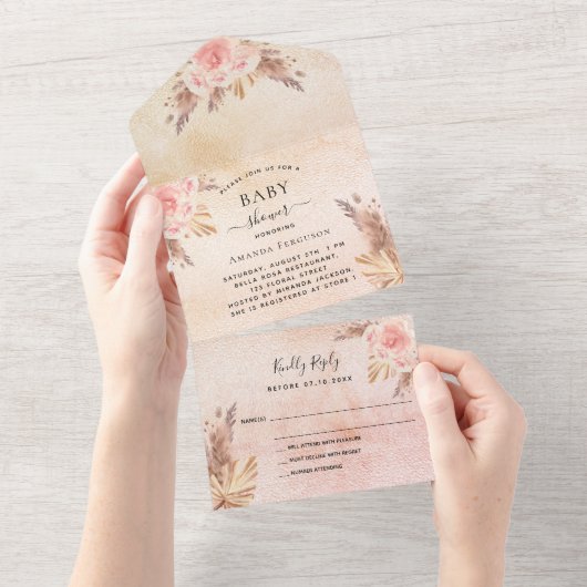 Baby shower pampas roos goudbloemen RSVP All In One Uitnodiging (Afscheurbaar)