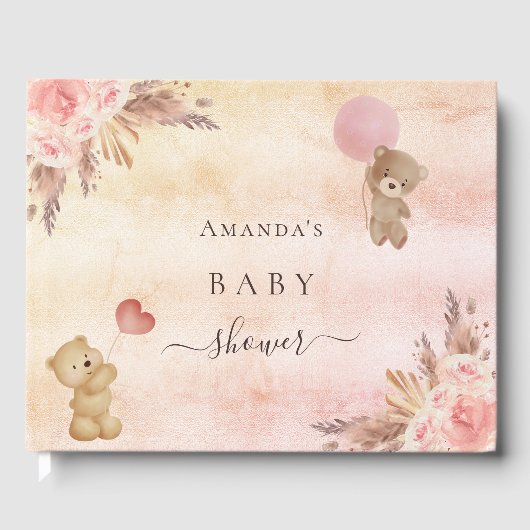 Baby shower pampas roos gouden tedbeer gastenboek (Voorkant)