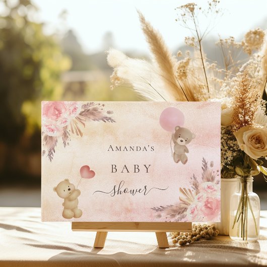 Baby shower pampas roos gouden tedbeer gastenboek