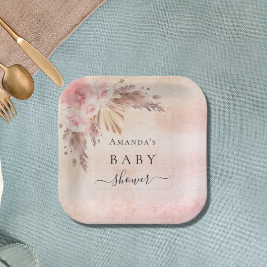 Baby shower pampas roos goudmeel papieren bordje