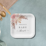 Baby shower pampas roos goudmeel wit papieren bordje<br><div class="desc">Voor een baby shower,  om een baby meisje te vieren. Een witte achtergrond. Gedecormeerd met roos goud,  roze floralen,  pamapgras. Pas de naam van de moeder aan de naam van zijn moeder aan en voeg deze toe</div>