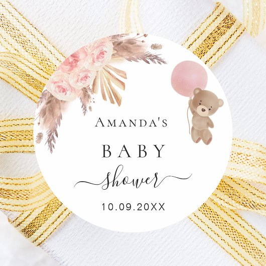 Baby shower pampas roos goudthee ronde sticker