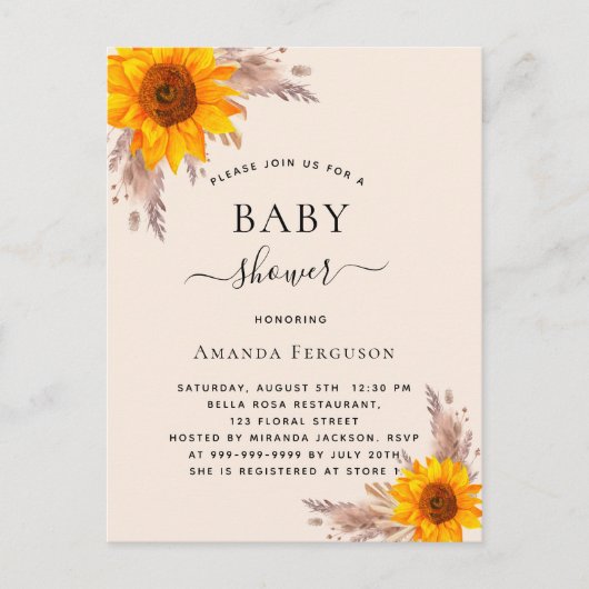 Baby shower pampas zonnebloem uitnodiging briefkaart (Voorkant)