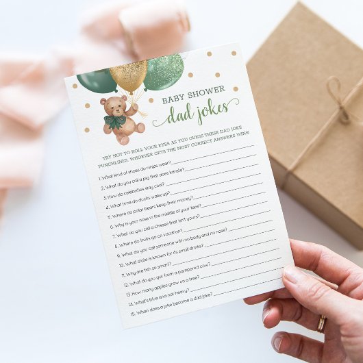 Baby shower Pap Jokes Spel Groene Teddy Bear Kaart