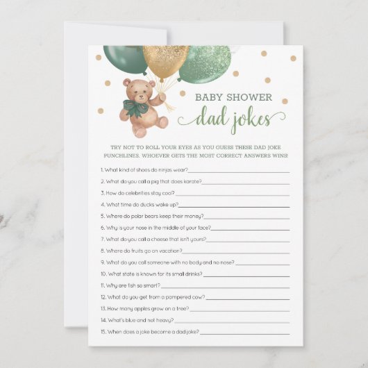 Baby shower Pap Jokes Spel Groene Teddy Bear Kaart (Voorkant)