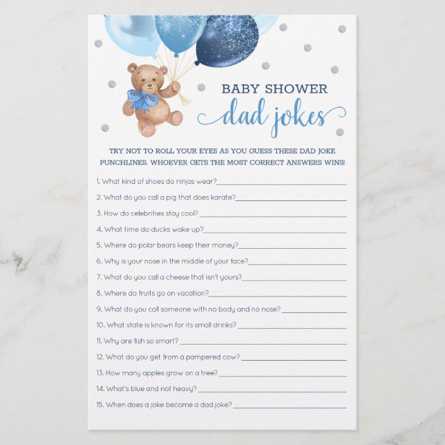 Baby Shower Papa Grappen Spel Teddy Bear Blauw (Voorkant)