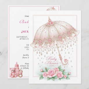 Baby Shower Paraplu Regendruppels Roze Rozen Kaart
