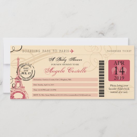 Baby shower  Paris Boarding Pass Kaart (Voorkant)