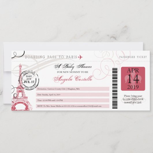 Baby shower  Paris Boarding Pass Kaart (Voorkant)