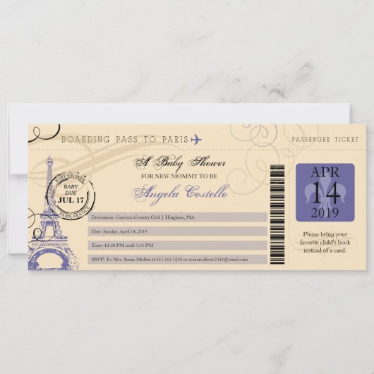 Baby shower Paris Boarding Pass Kaart (Voorkant)