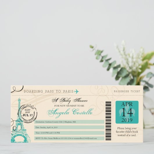 Baby shower  Paris Boarding Pass Kaart (Staand voorkant)