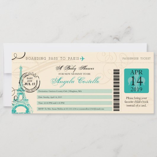 Baby shower  Paris Boarding Pass Kaart (Voorkant)