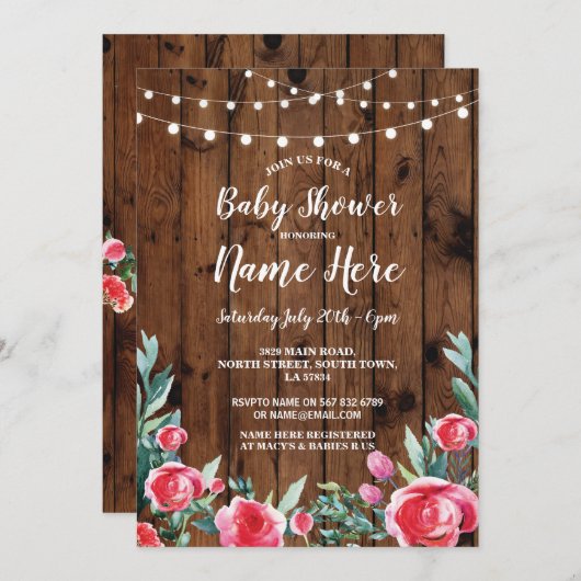 baby shower Partij Rode rozen Floral hout Kaart (Voorkant / Achterkant)