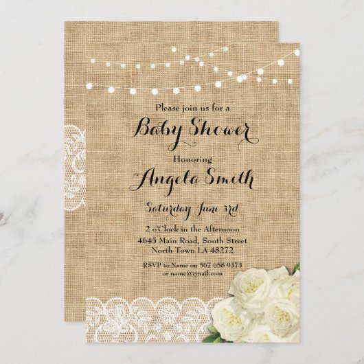 baby shower Partij Roos Burlap Lichten uitnodigen Kaart (Voorkant / Achterkant)