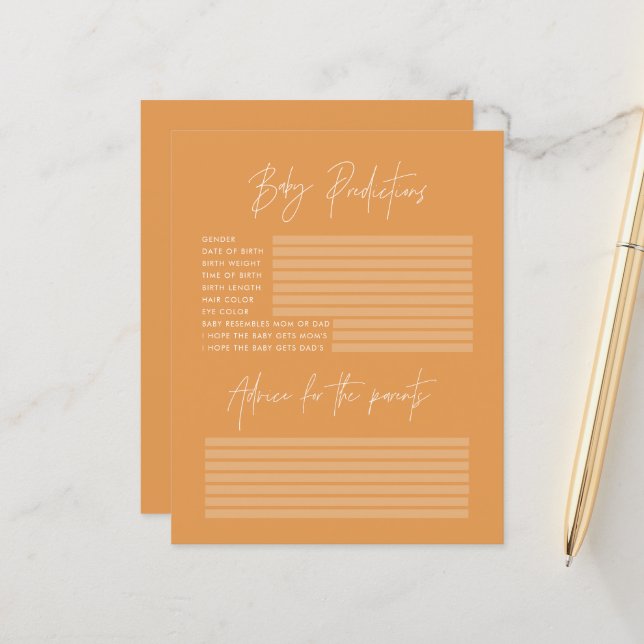 Baby shower partij voorspellingen spel sinaasappel (Voorkant / Achterkant in situ)