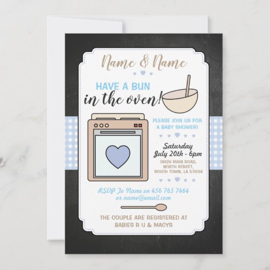 baby shower Party Bun in Oven Blue Boy Gingham Kaart (Voorkant)