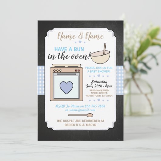 baby shower Party Bun in Oven Blue Boy Gingham Kaart (Staand voorkant)
