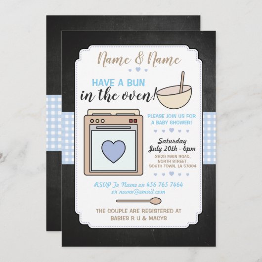 baby shower Party Bun in Oven Blue Boy Gingham Kaart (Voorkant / Achterkant)