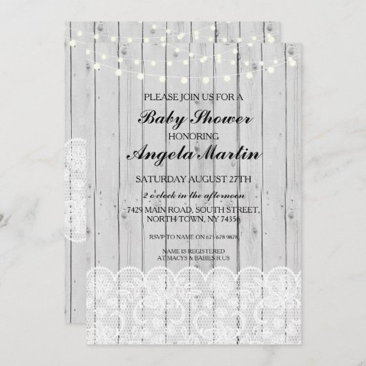 Baby shower Party Grijs Hout Kant Uitnodigen Kaart (Voorkant / Achterkant)
