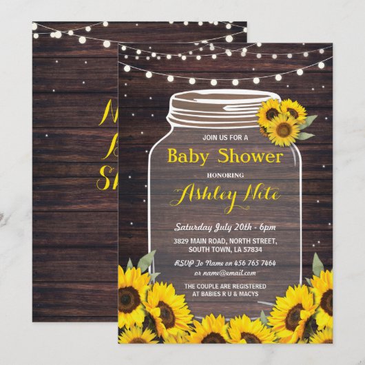 Baby shower Party Jar Wood Zonnebloem vuurvliegjes Kaart