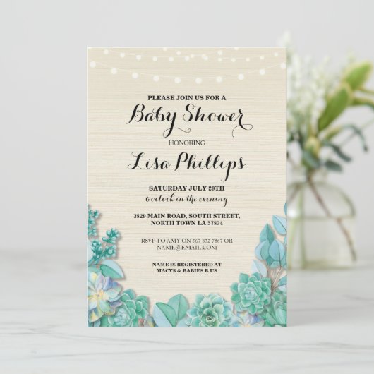 Baby shower Party Mint Succulents Rustiek Uitnodig Kaart (Staand voorkant)