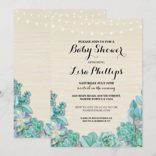 Baby shower Party Mint Succulents Rustiek Uitnodig Kaart (Voorkant / Achterkant)