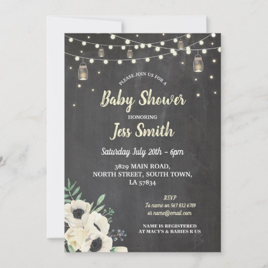 Baby shower Party Rustic Chalk Fireflies Uitnodige Kaart (Voorkant)