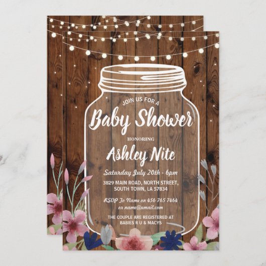 Baby shower Party Rustic Jar Wood Bloemen Uitnodig Kaart (Voorkant / Achterkant)
