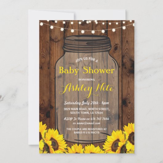 baby shower Party Rustic Jar Wood Sunflower Invite Kaart (Voorkant)