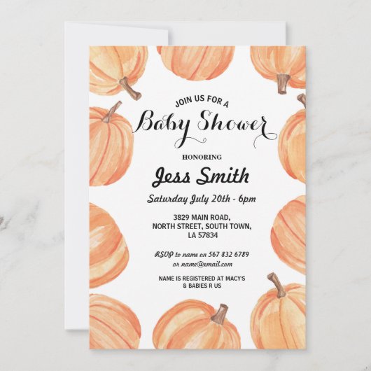 baby shower Party Rustic Waterverf Pumpkin Herfst Kaart (Voorkant)