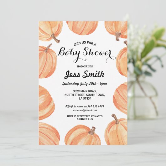 baby shower Party Rustic Waterverf Pumpkin Herfst Kaart (Staand voorkant)