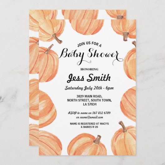 baby shower Party Rustic Waterverf Pumpkin Herfst Kaart (Voorkant / Achterkant)