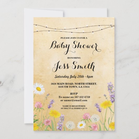 Baby shower Party Rustic Wild Flowers Schattige Ui Kaart (Voorkant)