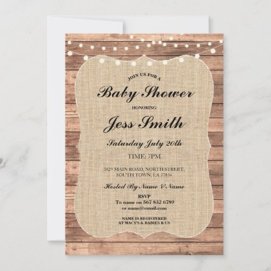 baby shower Party Rustic Wood Burlap BBQ Uitnodige Kaart (Voorkant)