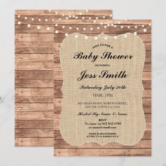 baby shower Party Rustic Wood Burlap BBQ Uitnodige Kaart (Voorkant / Achterkant)
