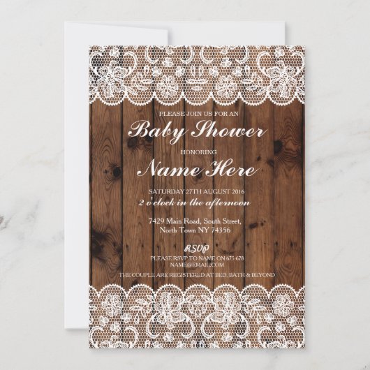 baby shower Party Rustic Wood Lace Boy Girl Invite Kaart (Voorkant)