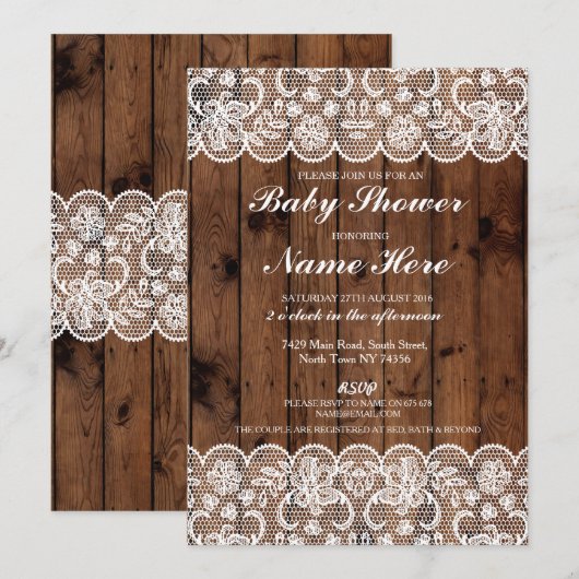 baby shower Party Rustic Wood Lace Boy Girl Invite Kaart (Voorkant / Achterkant)