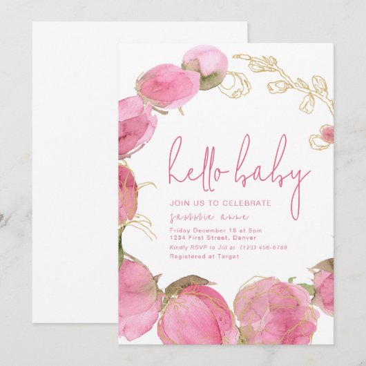 Baby shower Party Uitnodiging Sjabloon Roze Bloeme (Voorkant / Achterkant)